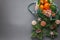 Top view tangerines in a mesh shopping bag and Christmas tree branches. Zero Waste and NO plastic bag Concept. Copy space