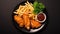 Top view tasty food fish and chips plate on a black background