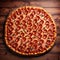 Top view of tasty pepperoni pizza on wooden table, generative ai