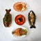 Top view of Thai Asian seafood dishes on white table