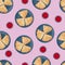 Top view of thin pancakes folded in triangle in blue ceramic plate and bowl with red jam isolated on pink background.