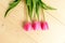 Top view of three small vivid pink tulip flowers and green leaves on a raw wooden table, beautiful indoor floral background photog