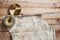 Top view to gold compass on wooden desk with fake handmade vintage map