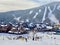 Top view to the Spruce peak ski village the Stowe Mountain ski resort