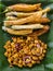 Top view of Tofu in peanut garlic sauce and Dynamite lumpia. Philippine appetizers or food usually served with beer