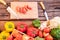 Top view tomato slice on the cutting board