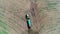 Top view of tractor sprays fertilizer on agricultural plants on the rapeseed field