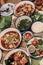 Top view of tradition northeast food Isaan delicious on plate with fresh vegetables - Many variety various Thai menu Asian food on