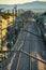 Top view of train line with many cables, vertical composition