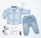 top view trendy denim look of baby boy clothes with toy and sneakers