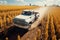 A top view of a truck on a lush crop field, symbolizing the role of transportation in the agricultural industry