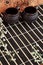 Top view of two black sake cups that stand on a dark background. open space