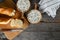 Top view of two bowls of homemade Clam Chowder with fresh baked loaf of bread. Horizontal with copy space