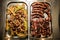 Top view of two metal trays with grilled meat, sausages, vegetables and mushrooms