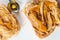 Top view of two pieces of toast with peanut butter and honey spread on top