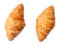 Top view of two separated fresh croissants isolated on white background with clipping path