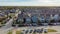 Top view two-story upscale cottage style houses with downtown Dallas in the distance, Texas