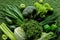 top view of uncooked tasty green vegetables on grass, healthy