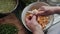 Top view of unrecognizable woman preparing chilean diguenes salad, cyttaria espinosae, edible mushroom in southern Chile