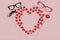 Top view Valentine`s day background with funny photo booths props