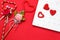 Top view valentines day background and decorations.the red pin m