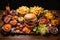 top view of variety of junk food on wooden table