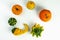 Top view of Variety of pumpkins and Gourd Bumpy orange for Halloween on white background