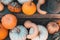Top view of a variety of pumpkins stack on wooden board