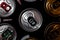 Top view of various aluminum beverage cans