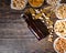 Top view of various beer snacks in plates like pistachios, small