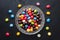 Top view various chocolate candies mixed flavor luxury glass plate