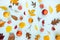 Top view of various colorful autumn fruits and leaves over scattered over light blue background