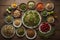 Top view of various ingredients of Thai spicy food on wooden table. generative ai