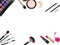 Top view of various make up accessories decorative cosmetics products. Workplace, cosmetics, lipstick, nail polish