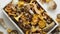 Top view of various wild mushrooms collected in wooden box