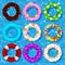 Top view vector collection of rubber rings floating on swimming pool water lifebuoy security, equipment.