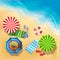 Top view vector illustration of beach, sand and umbrella. Summer background