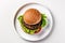 Top View Vegan Black Bean Burger On White Round Plate On White Background. Generative AI
