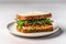 Top View Vegan Chickpea Salad Sandwich On White Round Plate On White Background. Generative AI