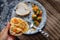 Top view vegan dish, Vietnamese vegetarian meatball from tofu with bread