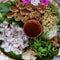 Top view vegan food for vegetarian meal, homemade rice noodle roll with tofu pie, popular Vietnamese cuisine