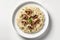 Top View Vegan Mushroom Risotto On White Round Plate On White Background. Generative AI