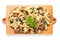 Top View, Vegan Mushroom And Spinach Pasta On A Wooden Boardon White Background