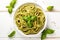 Top View, Vegan Pesto Pasta On A Wooden Boardon White Background