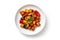 Top View Vegan Teriyaki Tofu Stirfry On White Round Plate On White Background. Generative AI