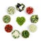 Top view vegetables bowls with heart shape lettuce isolated on w