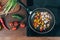 top view of vegetables frying in pan