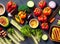 Top view vegetables ingredients for cooking vegetarian grilled food top view. Generative AI