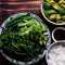 Top view vegetarian meal, boiled vegetables soy sauce and rice