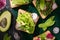 Top view of vegetarian toasts with fresh vegetables green cloth.